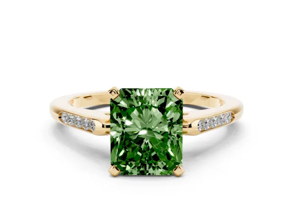 Fancy Green Radiant Cut Diamond Solitaire Ring with Channel Set Round Band and Prong Setting Yellow gold