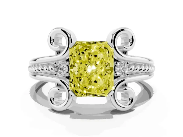 Fancy Yellow Radiant Cut Solitaire Twisted Band Scroll Prong Ring Platinum