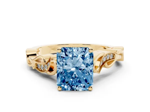 Fancy Blue Radiant Cut Solitaire Vine Band with Milgrain Prong Setting Yellow gold