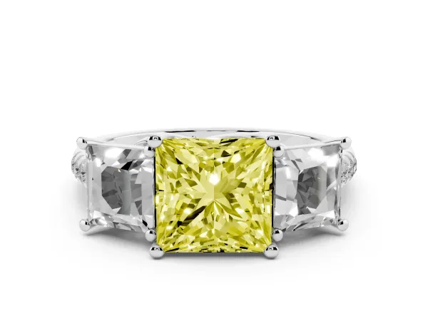 Fancy Yellow Three-Stone Princess Cut Diamond Ring with Round Pavé Band and Prong Setting White gold
