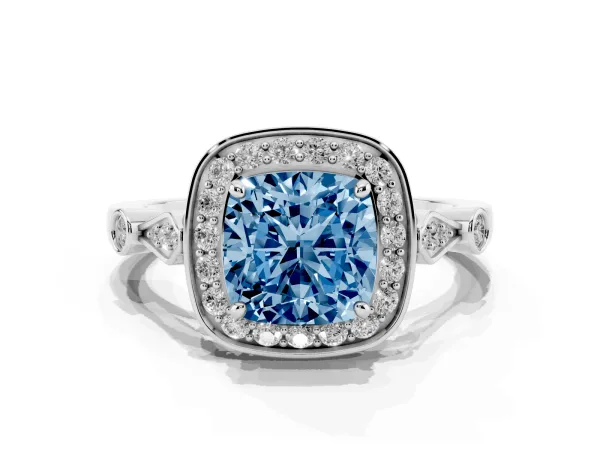 Fancy Blue Cushion Cut Halo Diamond Engagement Ring with Twisted Band and Four-Prong Setting Platinum