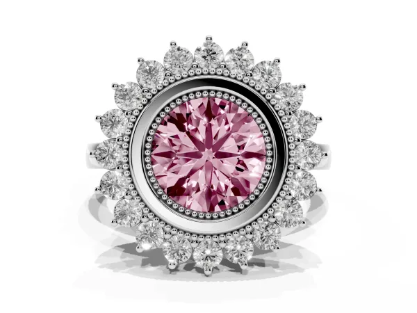 Fancy Pink Round Cut Halo Diamond Ring with Milgrain Edge and Round Prong Setting Platinum