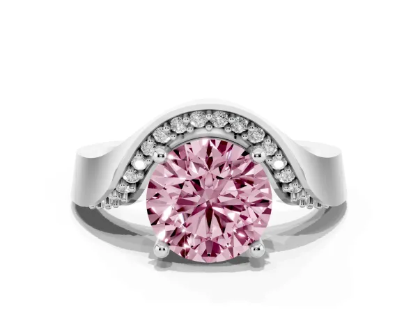 Fancy Pink Round Cut Solitaire Diamond Engagement Ring with Pave Band and Four-Prong Setting White gold