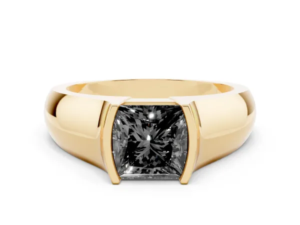 Fancy Black Princess Cut Solitaire Bezel Set Diamond Ring with Wide Band Yellow gold