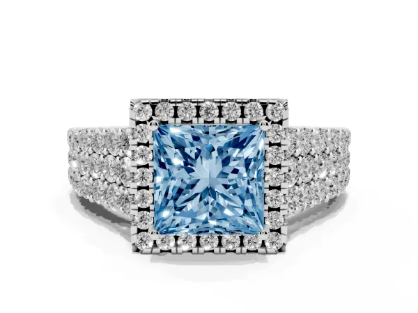 Fancy Blue Princess Cut Diamond Halo Engagement Ring with Triple Row Round Pavé Band and Prong Setting White gold