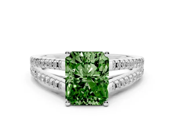 Fancy Green Radiant Cut Diamond Solitaire Engagement Ring with Split Shank Pavé Band White gold