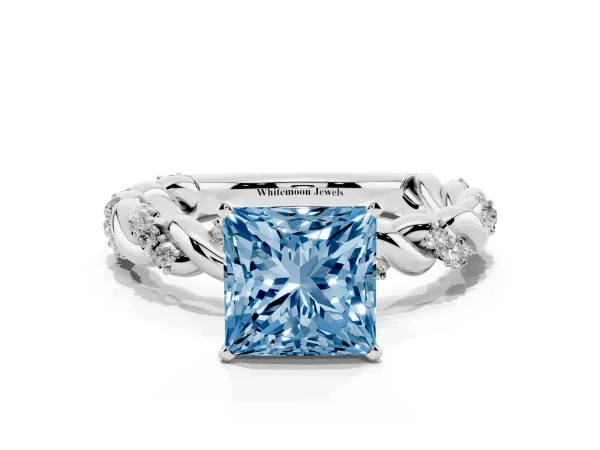 Fancy Blue Princess Cut Diamond Solitaire Ring with Twisted Band and Pavé Accents Platinum