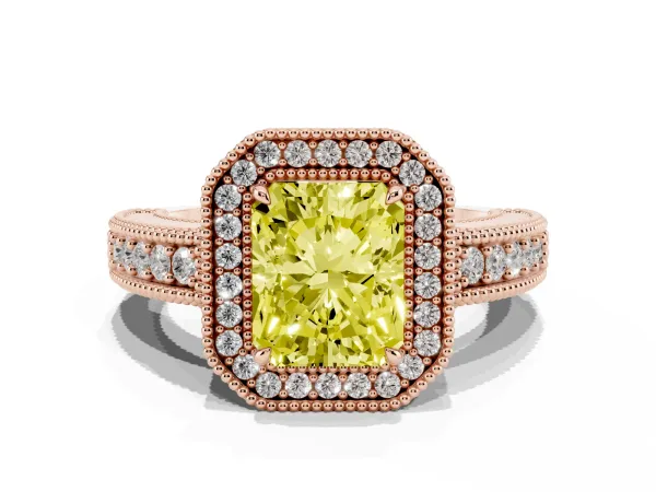 Fancy Yellow Radiant Cut Cut Halo Diamond Ring with Pavé Band and Four-Prong Setting Rose gold