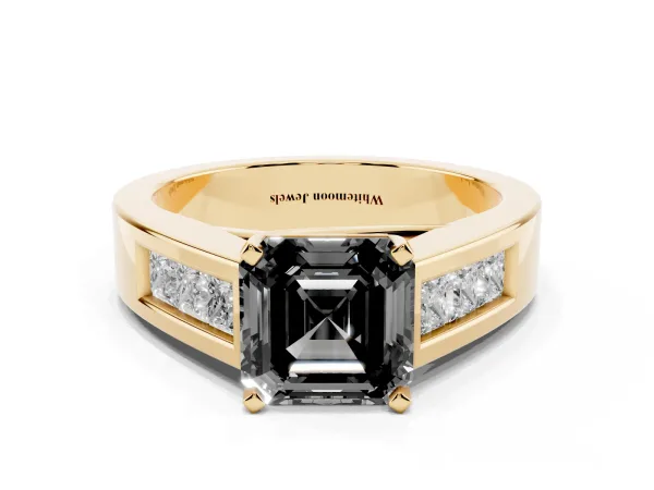 Fancy Black Asscher Cut Cut Channel Set Solitaire Ring with Four-Prong Setting Yellow gold