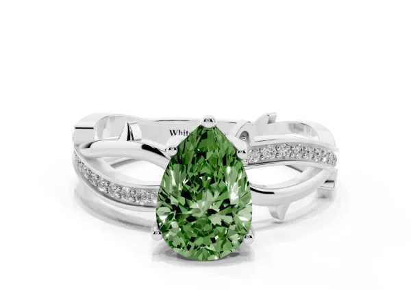 Fancy Green Pear Cut Solitaire Twist Band with Pavé Accents and Four-Prong Setting Platinum