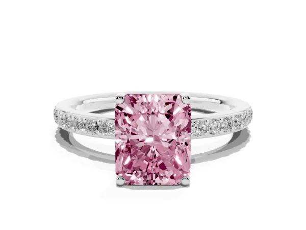 Fancy Pink Radiant Cut Cut Diamond Pavé Band Ring with Four-Prong Setting Platinum