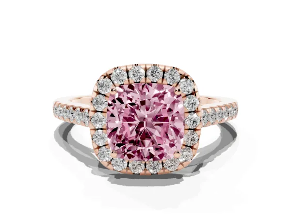 Fancy Pink Cushion Cut Halo Pave Diamond Engagement Ring with Four-Prong Setting Rose gold