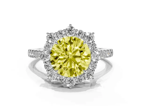 Fancy Yellow Round Cut Halo Diamond Ring with Pavé Band and Prong Setting White gold
