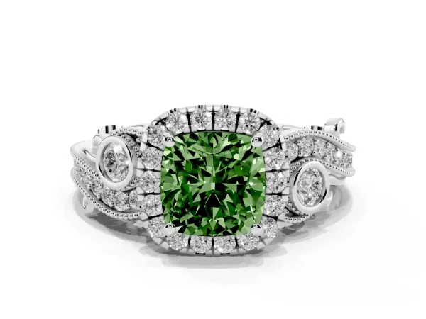 Fancy Green Cushion Cut Diamond Halo Ring with Milgrain Pavé Band and Four-Prong Setting Platinum