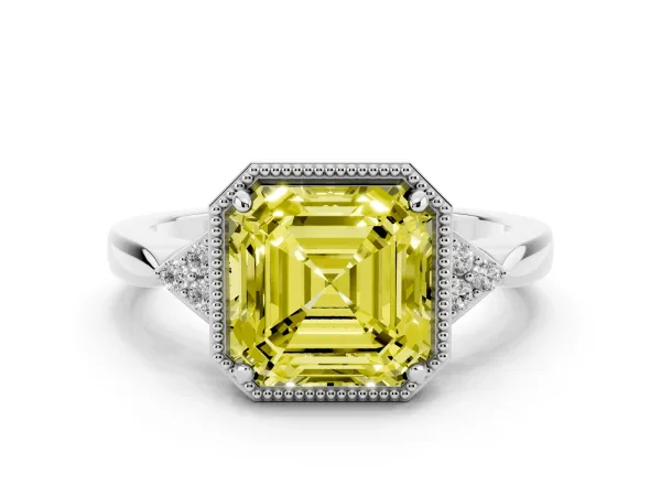 Fancy Yellow Hexagonal Halo Asscher Cut Diamond Solitaire with Pavé Band and Four-Prong Setting Platinum