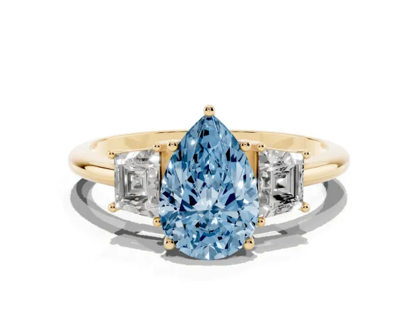 Fancy Blue Pear Cut Diamond Three-Stone Ring with Trapezoid Side Stones and Prong Setting Yellow gold