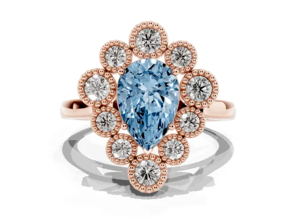 Fancy Blue Pear Cut Halo Diamond Cluster Engagement Ring with Milgrain Bezel Setting and Solitaire Band Rose gold