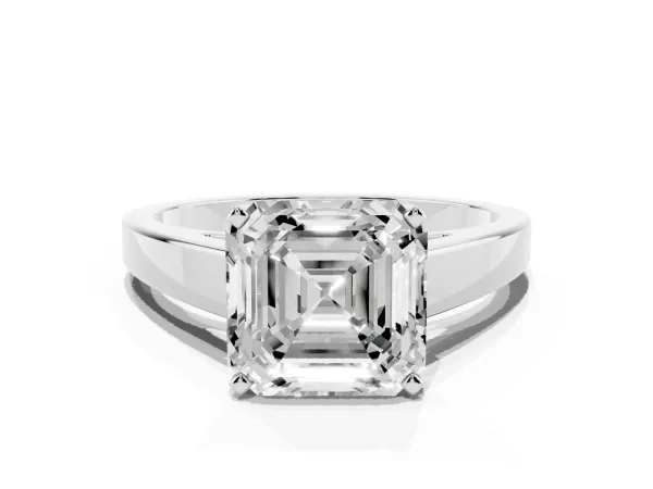 Asscher Cut Solitaire Engagement Ring with Four-Prong Setting and Tapered Band Platinum