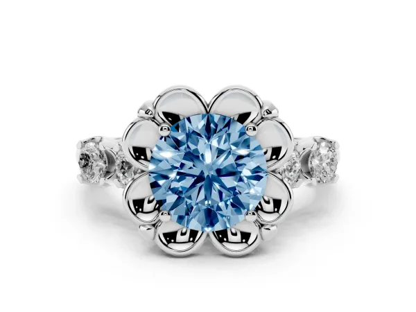 Fancy Blue Round Cut Cut Diamond Floral Halo Engagement Ring with Shared Prong Setting Platinum