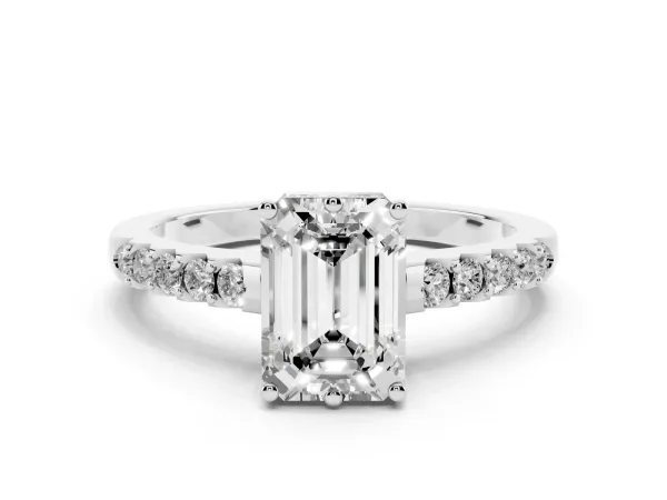 Emerald Cut Solitaire Diamond Engagement Ring with Pavé Band and Six-Prong Setting White gold