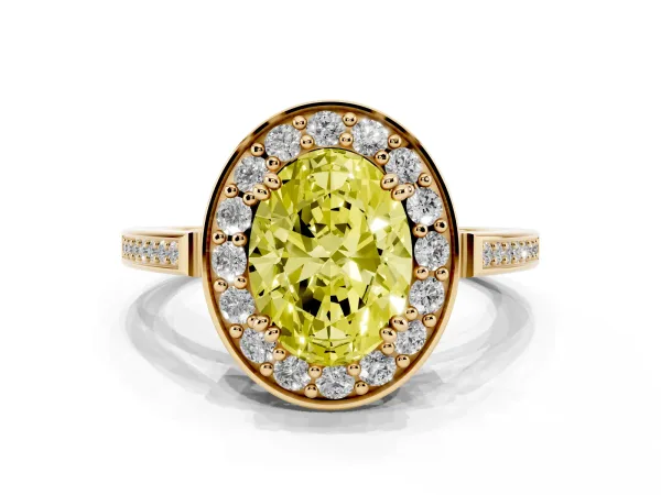 Fancy Yellow Oval Cut Diamond Halo Ring with Split Shank and Four-Prong Setting Yellow gold