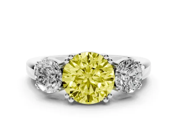 Fancy Yellow Three-Stone Round Cut Cut Diamond Ring with Channel Set Band and Four-Prong Setting Platinum