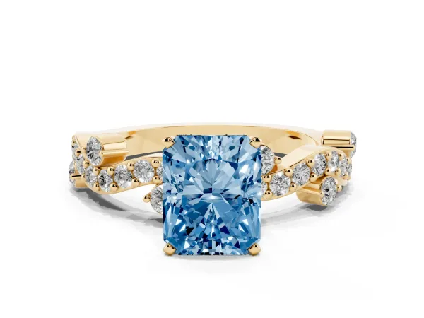Fancy Blue Radiant Cut Cut Solitaire Diamond Twisted Band with Pave Setting Yellow gold