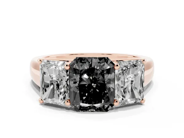 Fancy Black Radiant Cut Three-Stone Diamond Ring with Prong Setting on a Classic Band Rose gold