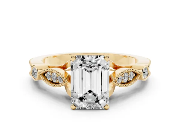 Emerald Cut Cut Diamond with Milgrain Marquise and Bezel Accents on a Solitaire Band with Prong Setting Yellow gold
