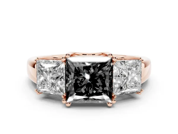 Fancy Black Three-Stone Princess Cut Cut Diamond Ring with Channel Set Band and Four-Prong Setting Rose gold