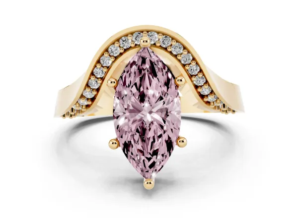 Fancy Pink Marquise Cut Solitaire Diamond Engagement Ring with Pave Band and Four-Prong Setting Yellow gold