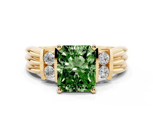 Fancy Green Radiant Cut Cut Three-Stone Channel Set Ring with Bar Prongs Yellow gold