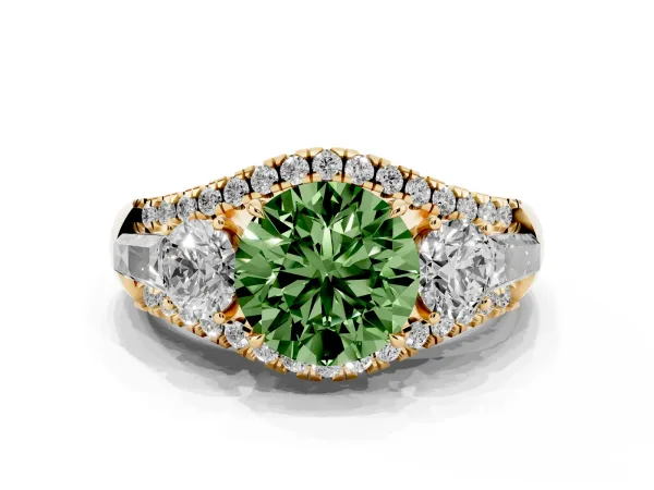 Fancy Green Three-Stone Round Cut Diamond Engagement Ring with Pave Band and Prong Setting Yellow gold