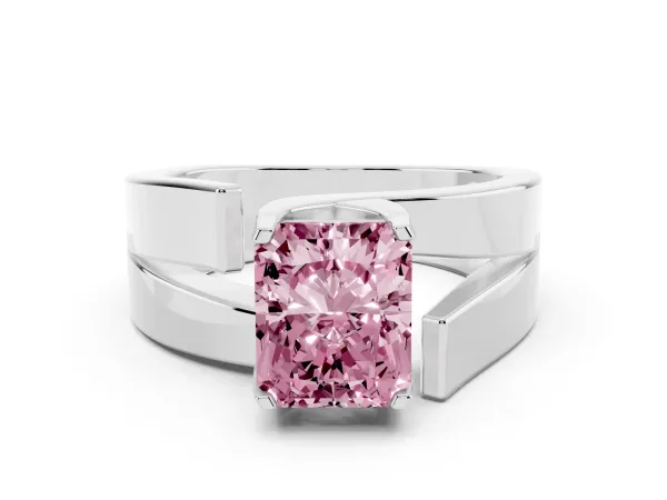 Fancy Pink Modern Tension Set Radiant Cut Diamond Solitaire Wide Band Ring Platinum