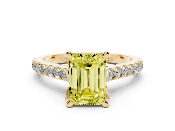 Fancy Yellow Emerald Cut Brilliant Diamond Solitaire with Pavé Band and Four-Prong Setting Yellow gold