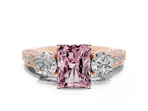 Fancy Pink Radiant Cut Three-Stone Diamond Ring with Pavé Band and Four-Prong Setting Rose gold
