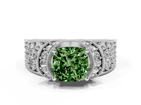 Fancy Green Cushion Cut Halo Pave Diamond Engagement Ring with Milgrain Detailing White gold
