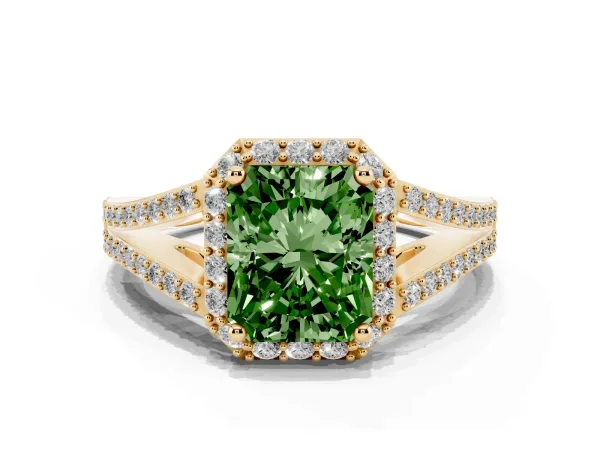 Fancy Green Radiant Cut Halo Split Shank Pave Diamond Ring with Four-Prong Setting Yellow gold