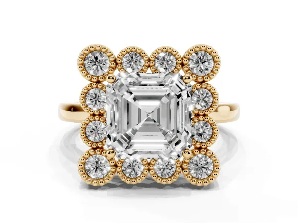 Asscher Cut Halo Diamond Cluster Engagement Ring with Milgrain Bezel Setting and Solitaire Band Yellow gold