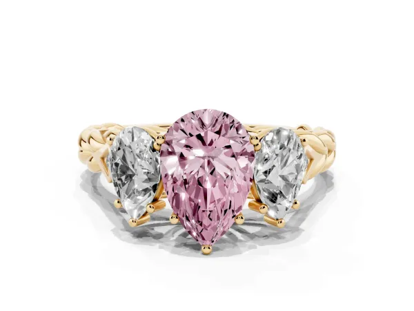 Fancy Pink Three-Stone Pear Cut Diamond Braided Band Ring with Four-Prong Setting Yellow gold