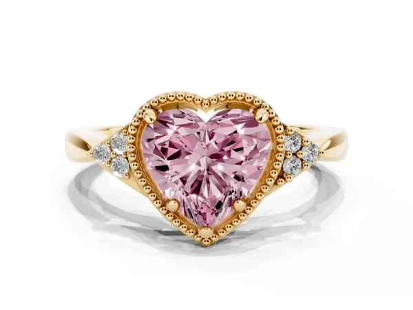 Fancy Pink Hexagonal Halo Heart Cut Diamond Solitaire with Pavé Band and Four-Prong Setting Yellow gold