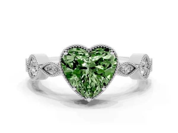 Fancy Green Heart Cut Diamond Vintage Milgrain Ring with Round Stations White gold