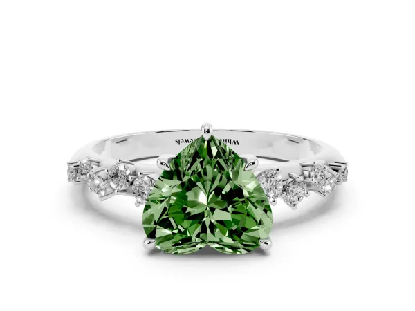 Fancy Green Heart Cut Diamond Cluster Side Stone Solitaire Ring with Prong Setting Platinum