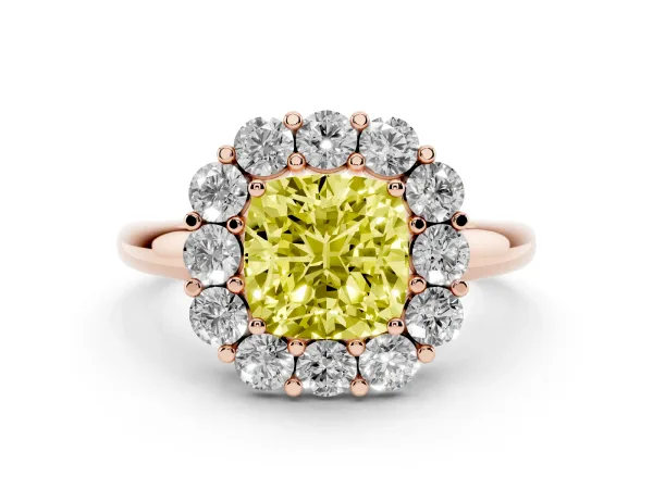 Fancy Yellow Cushion Cut Halo Cluster Diamond Engagement Ring with Prong Setting and Polished Band Rose gold