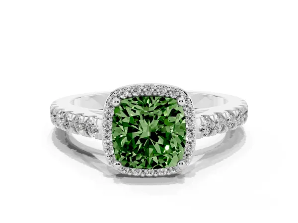 Fancy Green Cushion Cut Cut Halo Diamond Engagement Ring with Pave Band and Four-Prong Setting Platinum