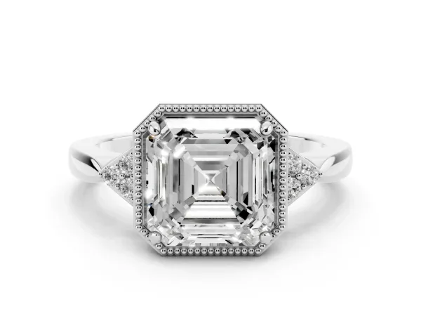 Milgrain Asscher Cut Cut Diamond Ring with Tapered Pave Band and Four Prong Setting Platinum