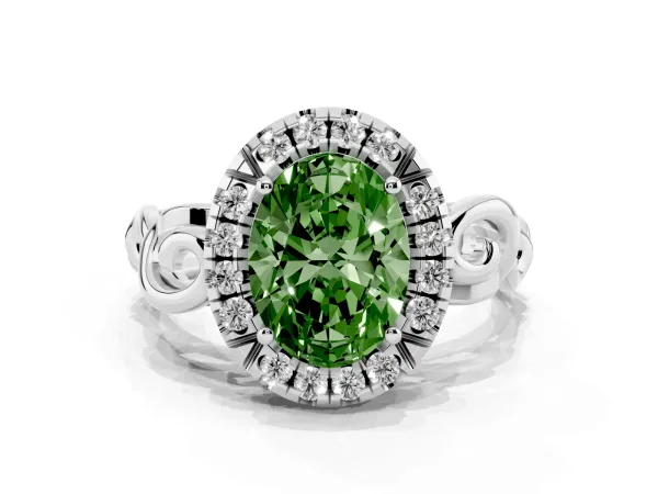 Fancy Green Oval Cut Cut Halo Diamond Ring with Scrollwork Band and Four-Prong Setting White gold