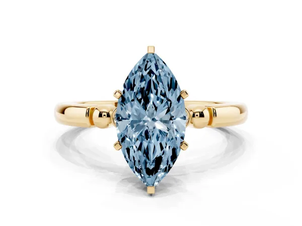 Fancy Blue Marquise Cut Solitaire Beaded Band with Four-Prong Setting Yellow gold