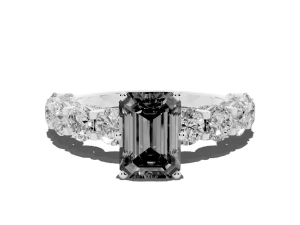 Fancy Black Emerald Cut Diamond Side Stone Engagement Ring with Four-Prong Setting Platinum