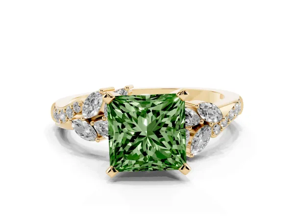 Fancy Green Princess Cut Solitaire Marquise Twist Band with Six-Prong Setting Yellow gold